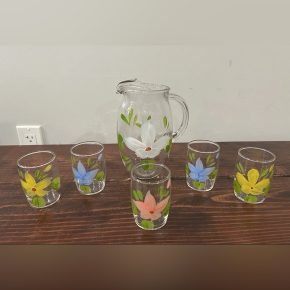 Ransburg Pitcher Glass Cup Hand Painted‎ Floral Flower Set Vintage MCM Retro
